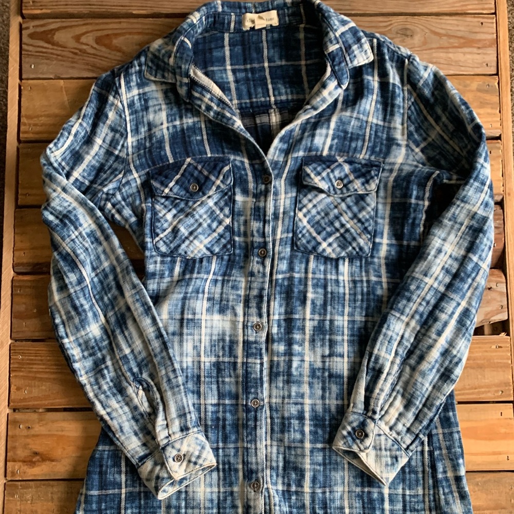 Cloth & Stone (Anthropologie) Blue Faded Plaid Flannel Shirt Dress Size M